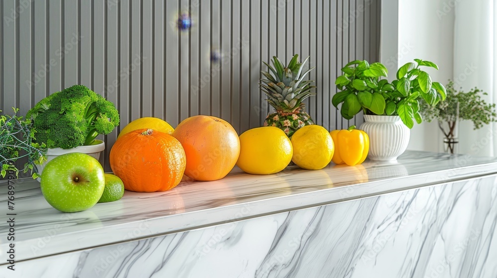 Contemporary kitchen with marble countertop, fresh produce on table promoting healthy living Contemporary kitchen with marble countertop, fresh produce on table promoting healthy living