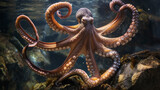 A majestic octopus in an underwater scene, with its large tentacles spread out, showcasing suction cups.