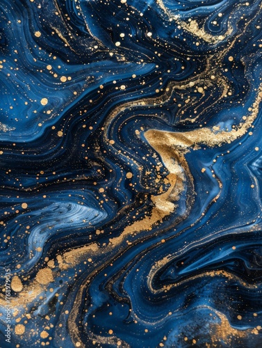 A close-up view of a swirling blue and gold marble pattern