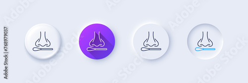 Nasal swab test line icon. Neumorphic, Purple gradient, 3d pin buttons. Nose with cotton swab sign. Coronavirus testing symbol. Line icons. Neumorphic buttons with outline signs. Vector