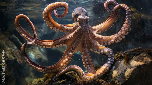 A majestic octopus in an underwater scene, with its large tentacles spread out, showcasing suction cups. © RISHAD