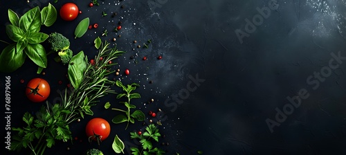 Obraz  z motywem Fresh organic vegetables and herbs on slate background, healthy eating concept