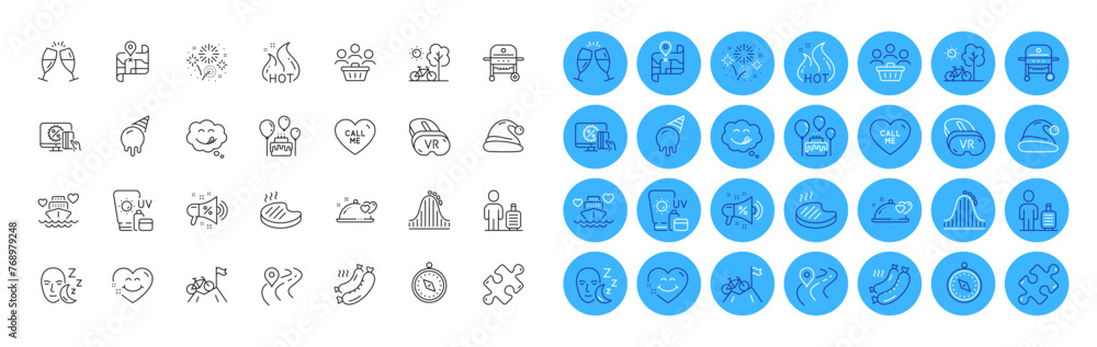 Grilled sausage, Sleep and Yummy smile line icons pack. Sunscreen, Gas grill, Smile face web icon. Road, Buyers, Sale megaphone pictogram. Travel compass, Online shopping, Bicycle. Vector