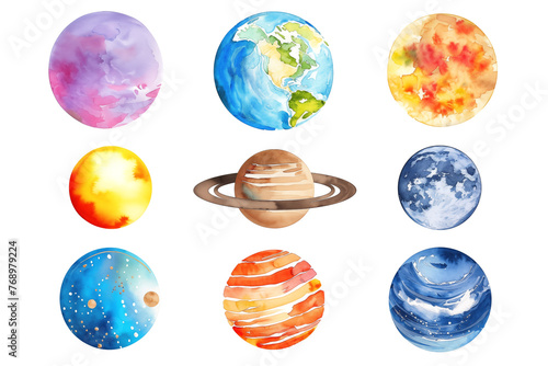 Set of different watercolor painted planet illustration on white background