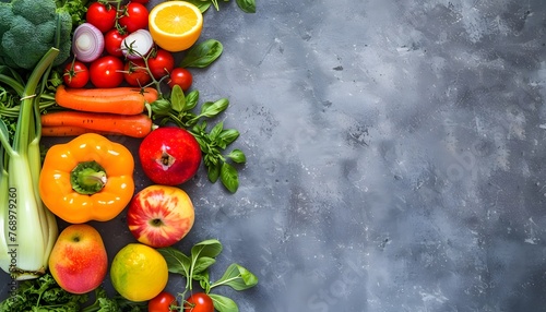 Vegetables and fruits on the left side on a dark marble background