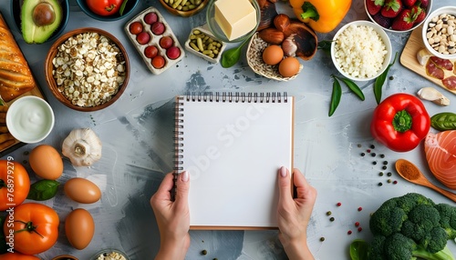 A girl holds a notebook against a background of bright and healthy food