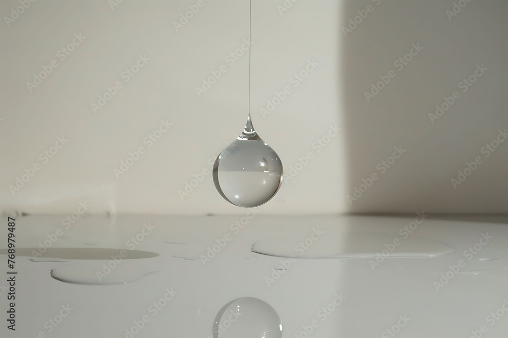 A single drop of water hanging suspended in mid-air, reflecting the surrounding light and casting a subtle shadow on a clean, white surface A single drop of water hanging suspended in mid-air, reflecting the surrounding light and casting a subtle shadow on a clean, white surface