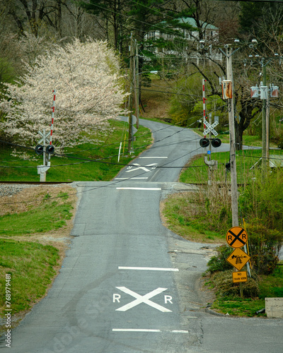 Railroad crossing and spring colors in Buchanan, Virginia