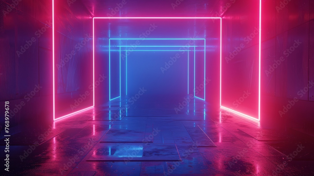 Futuristic empty neon background. High tech lines, studio product, future cyberspace concept. 3D illustration.