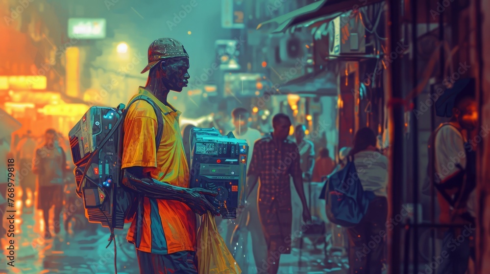 Street vendor strolls with electronic goods, embodying the essence of urban business life. 🏙️🛍️ Casual stride, determined gaze against vibrant city backdrop.