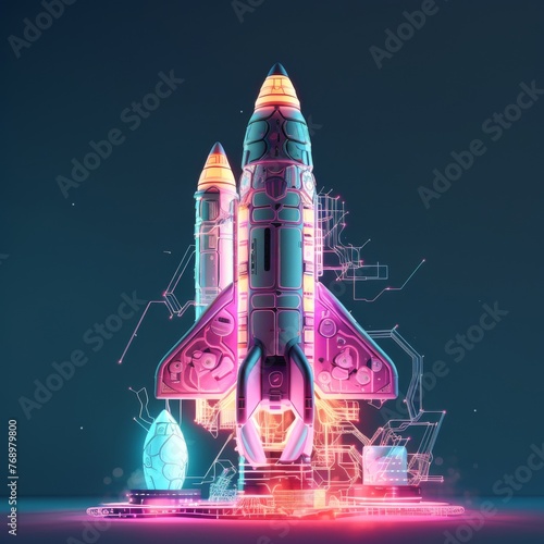A digital rocket made up of intricate circuit patterns and glowing energy streams low poly