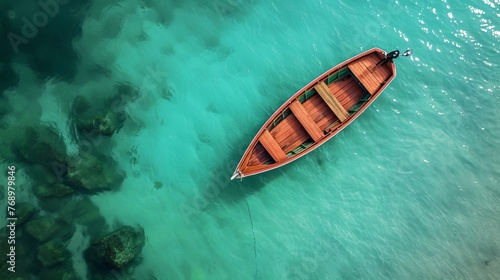 A wooden boat floats gently on the clear, turquoise water © Kate Mova