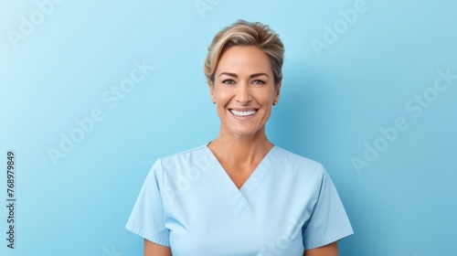 Mature female experienced doctor, healthcare professional, dentist, stomatologist, nurse smiling on a blue background