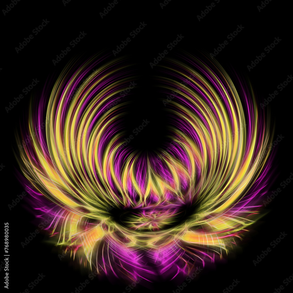 asymmetric illuminated and bright glowing purple and yellow gold on a black background asymmetric illuminated and bright glowing purple and yellow gold on a black background