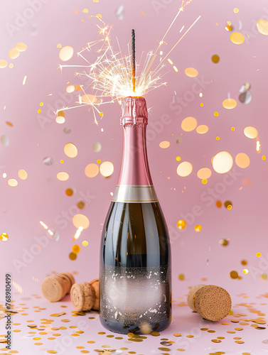 Product photography, a bottle of champagne with sparklers coming out of the bottle, pastel pink background, illustration made with Ai