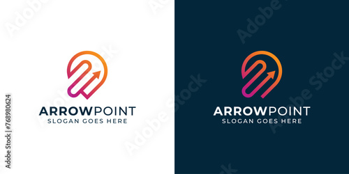 Creative Arrow Point Logo. Pin, Map, Point, Route and Direction Guide with Linear Outline Style. Geotag Logo Icon Symbol Vector Design Inspiration.