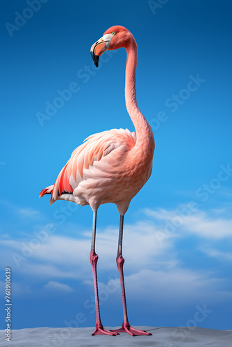 Elegant flamingo standing serenely in calm waters against a clear sky © Breyenaiimages