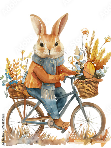 A watercolor Rabbit riding a bicycle, clipart
