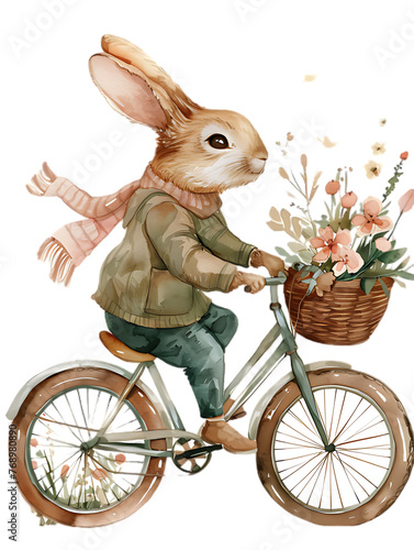 A watercolor Rabbit riding a bicycle, clipart