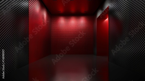 Studio interior with carbon fiber texture. Modern carbon fiber textured red black interior with light. Background for mounting, product placement. Vector background, template, mockup