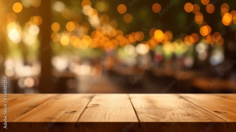 The empty wooden table top with blur background of outdoor cafe in the morning. Exuberant image. generative ai