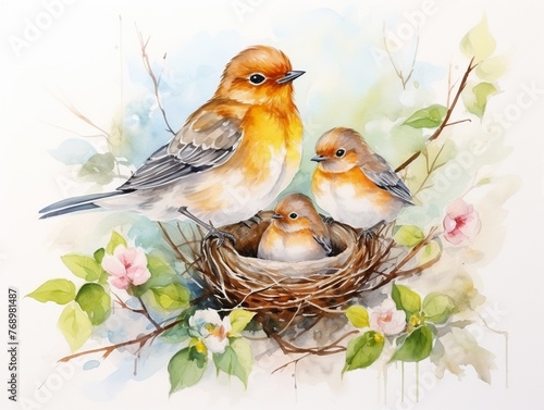 Baby bird in the nest Parent birds are feeding their young birds pencil drawing photo