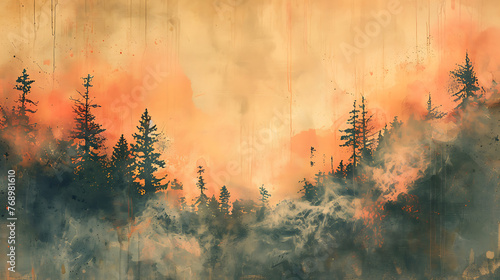 painting of sunset in ther forest photo