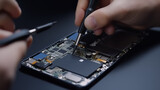 Technician repairing smartphone with soldering iron, close up view.