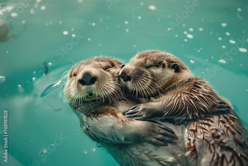 Two Sea Otters Cuddle in Water © Jorge Ferreiro