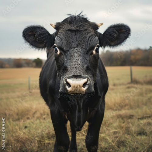 Close Up of a Black Cow Grazing in Field