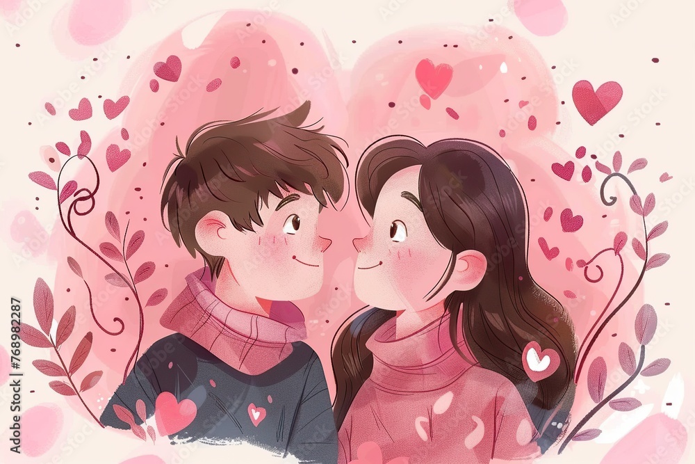 Couple Standing in Front of Heart, illustration cartoon Couple Standing in Front of Heart, illustration cartoon