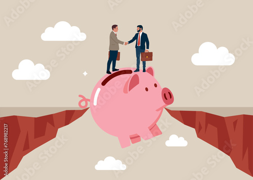 Vector of a piggy bank bridging the gap between a businesspeople. Assisting business people to overcome difficulties. Flat vector  illustration