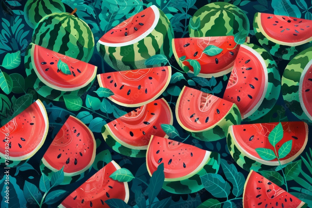 .Juicy watermelon illustration bursting with vibrant colors, perfect for refreshing summer-themed designs