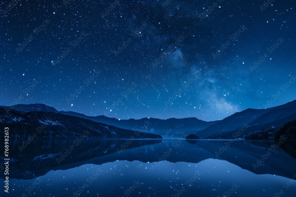 Starry night sky over mountain lake, creating a serene natural landscape
