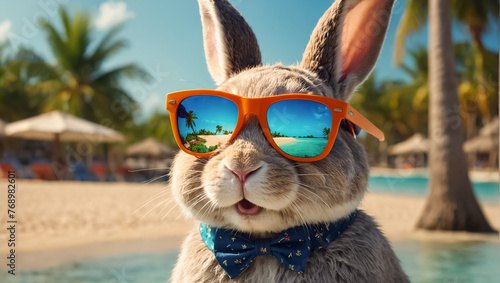 cute bunny in sunglasses on the beach playful