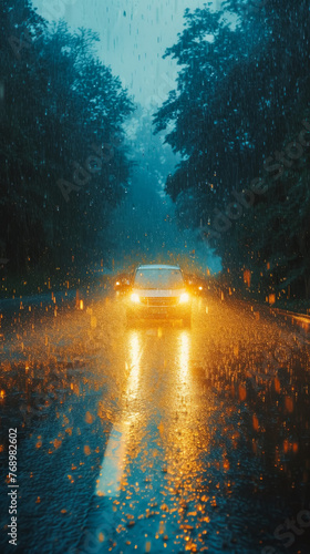 free space for title and Shot of car with bright headlights piercing through rainy twilight