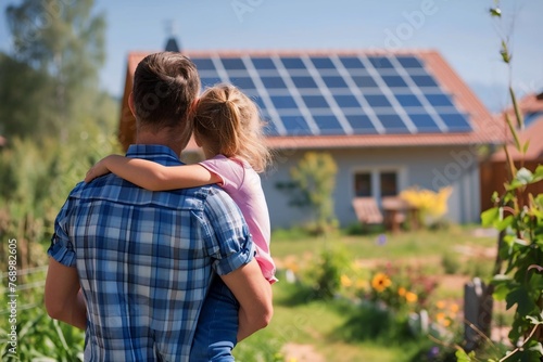 Caucasian father and daughter look at their house which had solar panels installed on the roof. Alternative energy, saving resources and sustainable lifestyle concept.