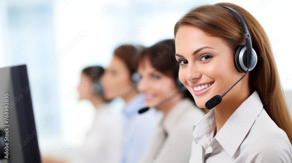 Portrait of a smiling customer agent, a female, businesswoman working in a call centre with a headset on Portrait of a smiling customer agent, a female, businesswoman working in a call centre with a headset on