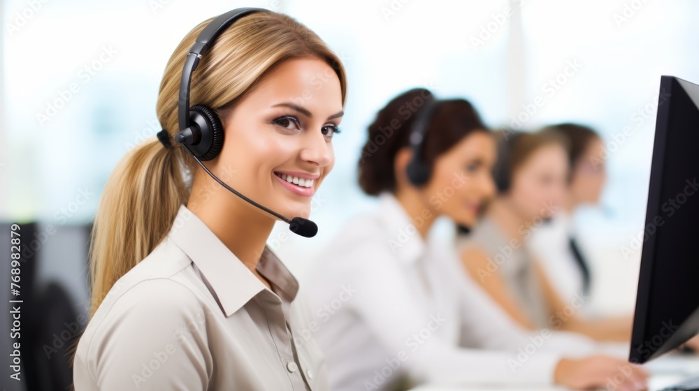 Portrait of a smiling customer agent, a female, businesswoman working in a call centre with a headset on Portrait of a smiling customer agent, a female, businesswoman working in a call centre with a headset on