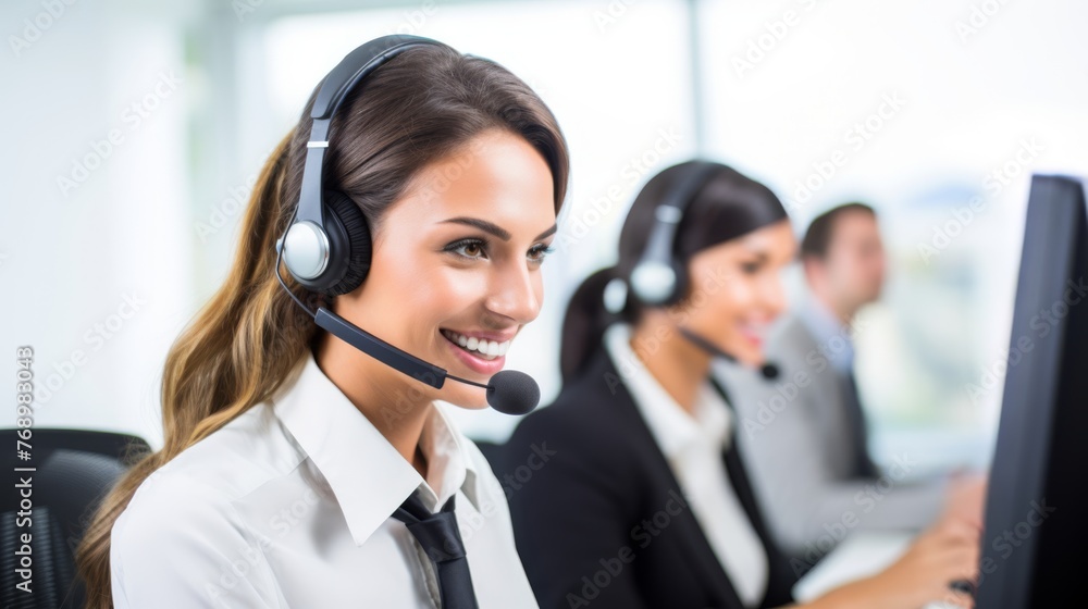 Portrait of a smiling customer agent, a female, businesswoman working in a call centre with a headset on Portrait of a smiling customer agent, a female, businesswoman working in a call centre with a headset on