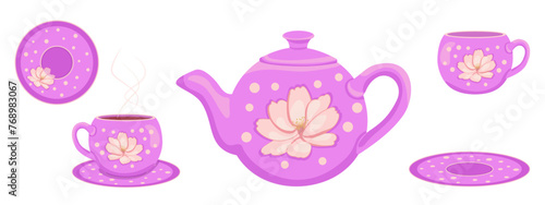 Set of stylish retro teaware in bright colors. Vector cups, saucers, teapot isolated on white background. Pink polka dot flower on kitchen items. For design of covers, books, menus, restaurants, cafe