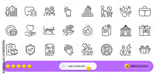 Puzzle, Metro subway and Handbag line icons for web app. Pack of Patient, Doctor, Wash hands pictogram icons. Circus tent, Report document, Business statistics signs. Clapping hands. Vector