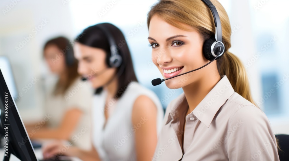 Portrait of a smiling customer agent, a female, businesswoman working in a call centre with a headset on Portrait of a smiling customer agent, a female, businesswoman working in a call centre with a headset on