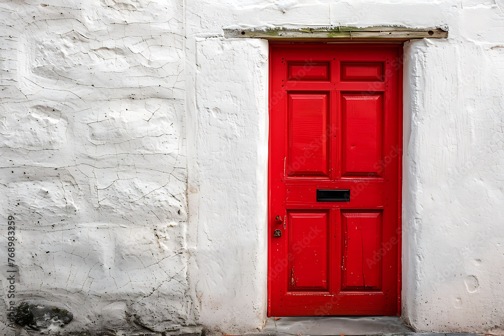 A single, vibrant red door set against a smooth, whitewashed wall, with a minimalist black handle