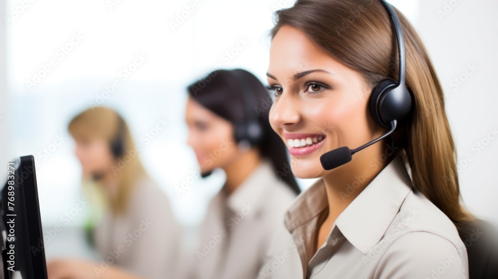 Portrait of a smiling customer agent, a female, businesswoman working in a call centre with a headset on Portrait of a smiling customer agent, a female, businesswoman working in a call centre with a headset on