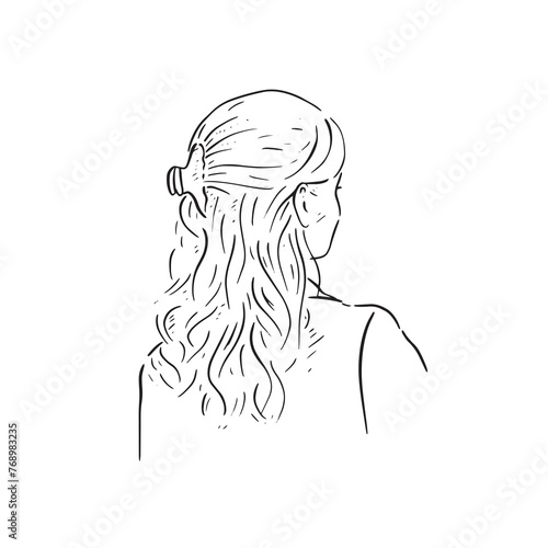 A black and white illustration of a lady with a clip in her hair. Drawn by hand in line drawn sketchy style. photo