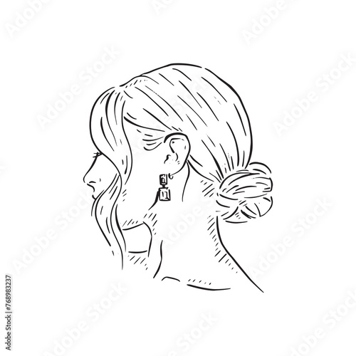 A black and white illustration of a lady with a sleek bridal up do. Drawn by hand in line drawn sketchy style.