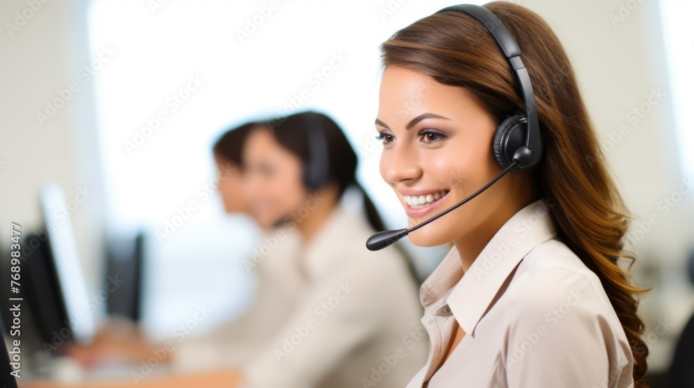 Portrait of a smiling customer agent, a female, businesswoman working in a call centre with a headset on Portrait of a smiling customer agent, a female, businesswoman working in a call centre with a headset on