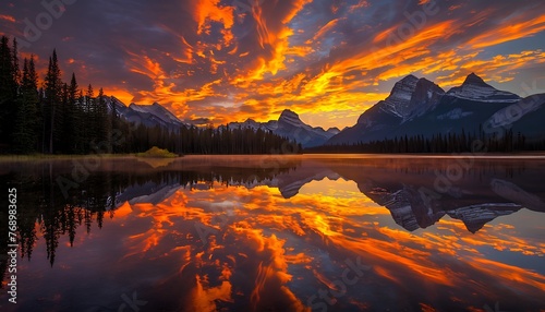 Tranquil Sunset Reflection on Mountain Lake, Scenic Nature Landscape Shot