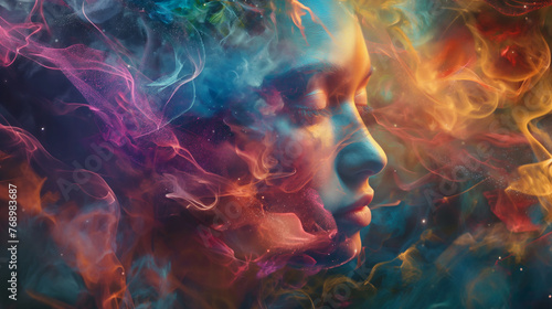 Abstract Portrait of Woman with Colorful Smoke. Vivid abstract portrait of a serene woman's face surrounded by a swirl of colorful smoke, symbolizing creativity and dreams.